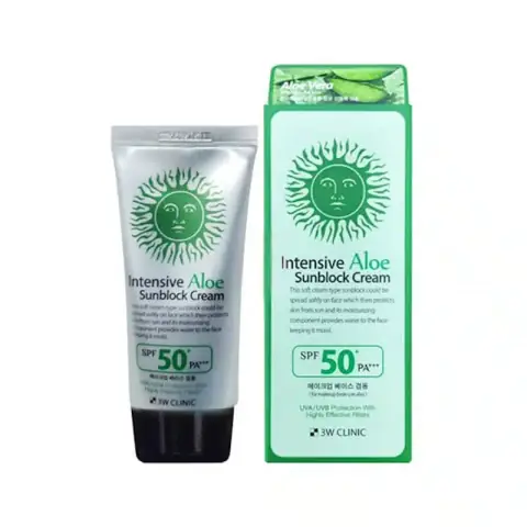 3W Clinic Aloe Sunblock Cream SPF 50+ PA+++ 70ml tube, white with green cap and leaf design.