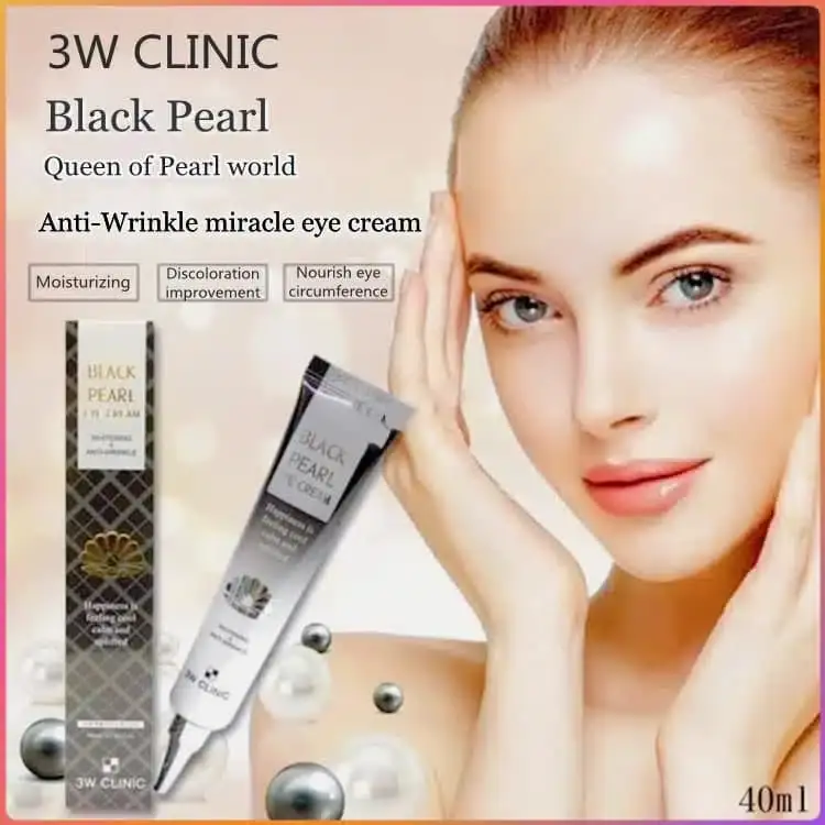 Open 3W Clinic Black Pearl Eye Cream jar revealing white cream, with gold lid beside it. - thumbnail