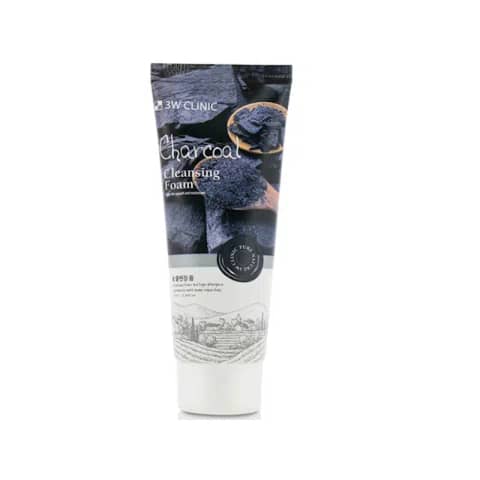 Upright 3w Clinic Charcoal Cleansing Foam 100ml tube, black packaging, clear front label visible.