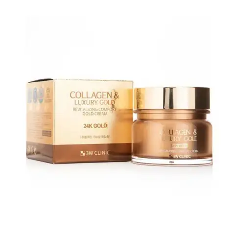 3W Clinic Collagen Luxury Gold anti-wrinkle cream in its elegant 100g golden jar, front view with packaging.
