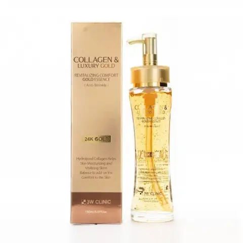 Front view of 3w Clinic Collagen Gold Essence 150ml bottle, transparent with golden cap.