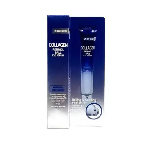 3W Clinic Collagen Retinol Ball Eye Serum, sleek aqua bottle with silver cap and rollerball applicator.