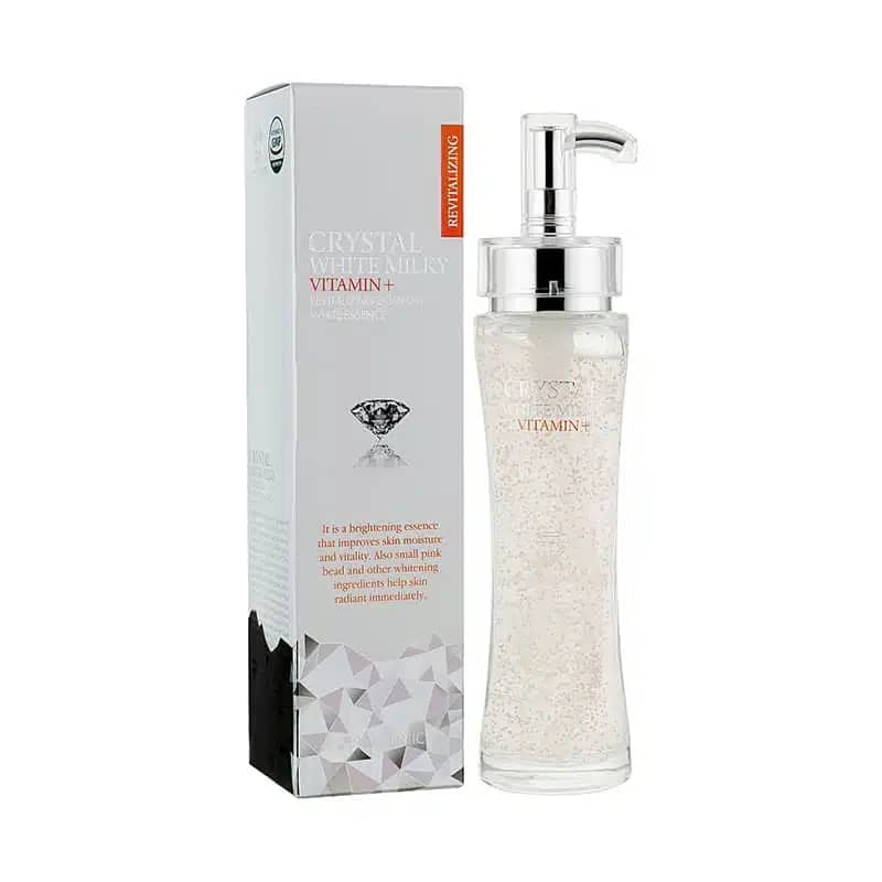 3w Clinic Crystal White Milky Essence 150ml white pump bottle with clear cap, full front view. - thumbnail