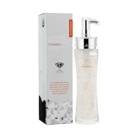 3w Clinic Crystal White Milky Essence 150ml white pump bottle with clear cap, full front view.