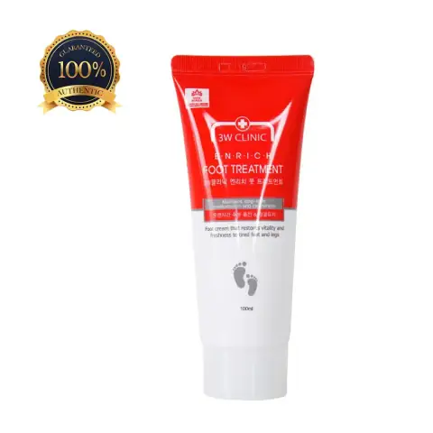 3w Clinic Enrich Foot Treatment 100ml white tube, upright with gold cap on a clean background.