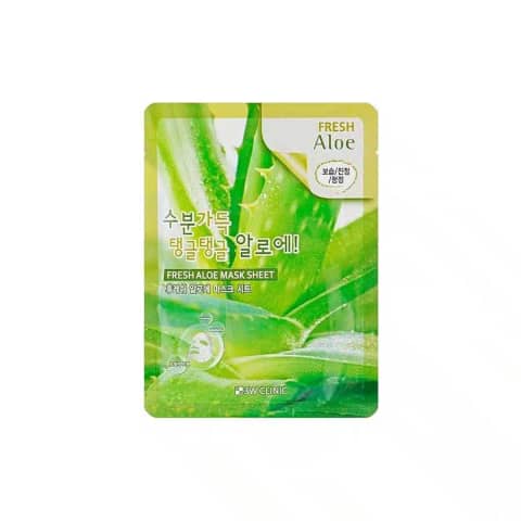 3W Clinic Fresh Aloe Sheet Mask, light green sachet featuring a large aloe leaf graphic.
