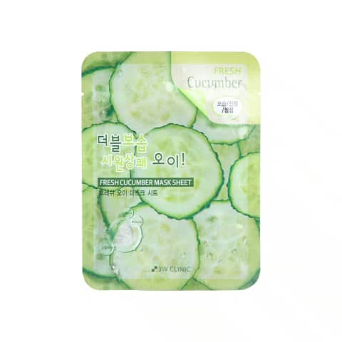 3W Clinic Fresh Cucumber Sheet Mask in a vibrant green sachet with a cucumber illustration, front view.