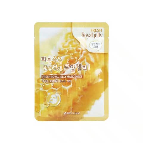 3W Clinic Fresh Royal Jelly sheet mask, yellow sachet with gold top and honeycomb design.
