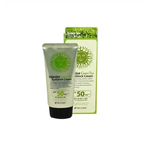 White 3W Clinic Green Tea Sunblock Cream SPF 50+ tube, standing upright, with distinct green cap.