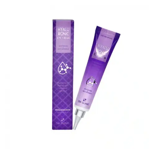3W Clinic Hyaluronic Eye Cream, white tube with silver cap, standing upright on a white surface.