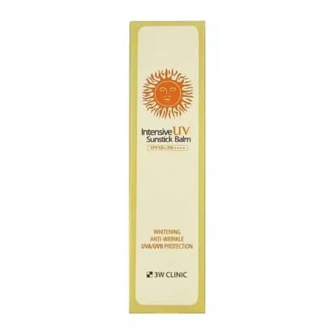 3W Clinic Intensive UV Sunstick Balm SPF50+ PA++++, 10gm, in its white and blue packaging, standing upright.