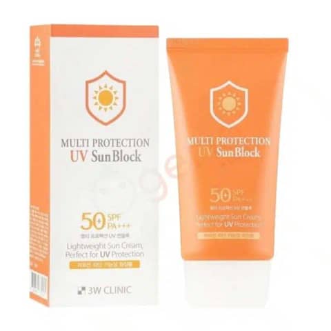 3w Clinic Multi Protection UV Sun Block SPF 50+ PA+++, white tube with teal cap.