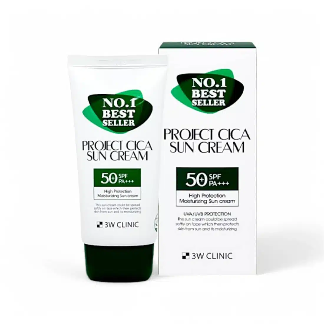 Angled view of 3W Clinic Project Cica Sun Cream SPF50+ tube, highlighting front label details. - thumbnail