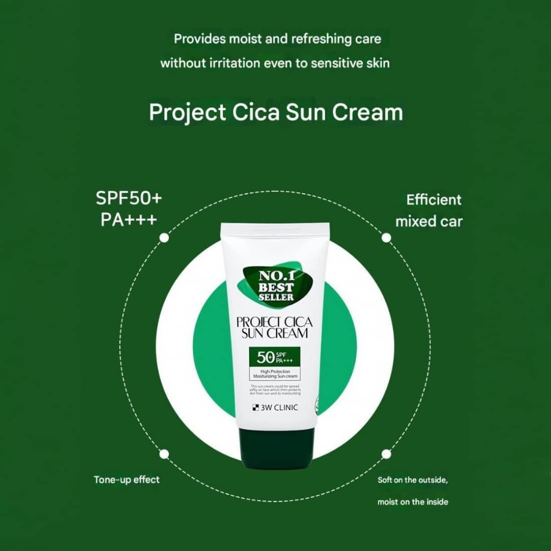 Two 3W Clinic Project Cica Sun Cream SPF50+ 70ml tubes; one standing, one lying down. - thumbnail