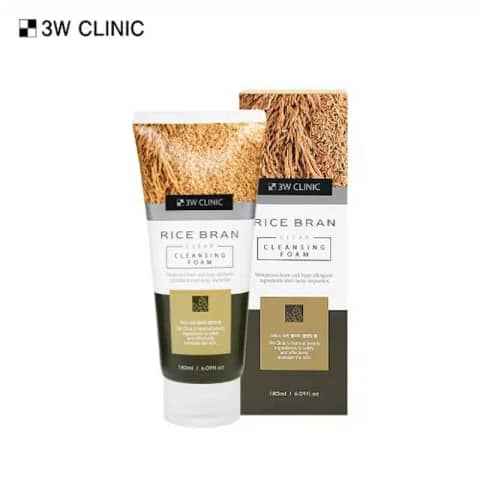 3w Clinic Rice Bran Clear Cleansing Foam 180ml, white tube with green rice grain illustration.