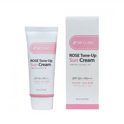 3w Clinic Rose Tone-Up Sun Cream SPF50+ tube, white with rose gold cap, standing front view.
