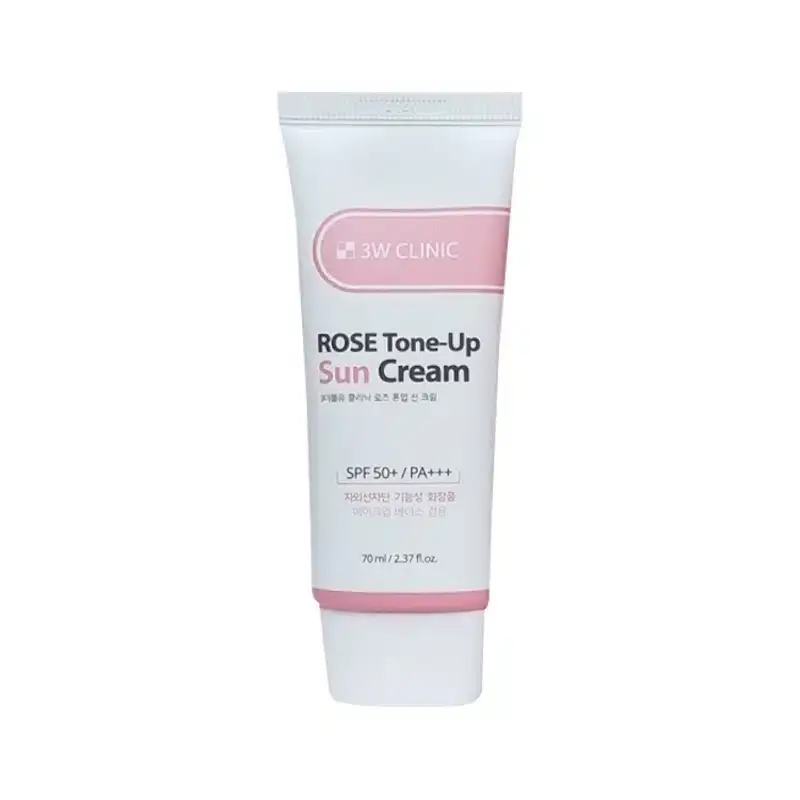 3w Clinic Rose Tone-Up Sun Cream tube lying horizontally, showing full packaging side angle. - thumbnail