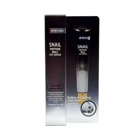 3W Clinic Snail Peptide Ball eye serum in a golden bottle with a clear roller applicator.