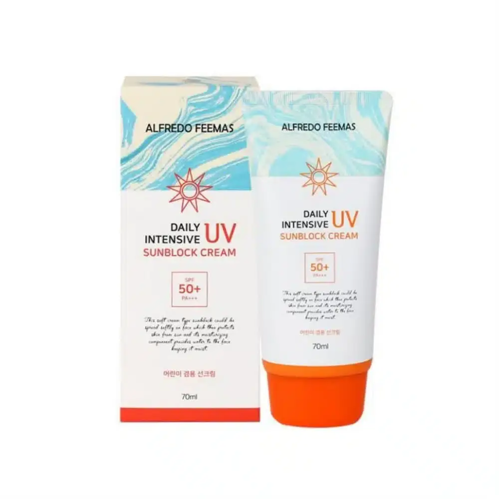 Alfredo Feemas Daily UV Intensive Sunblock Cream 70ml, white tube with black cap, front view. - thumbnail