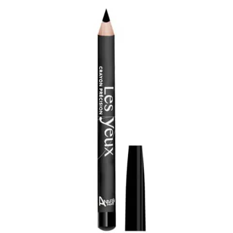 Anafeli Paris Crayon Precision Eye Kajal, black, with golden cap, angled on white background, showing creamy tip.