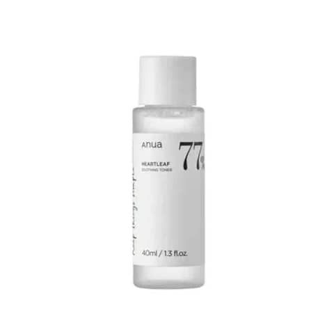 Anua Heartleaf 77% Soothing Toner 40ml, a clear bottle with green label and white cap.