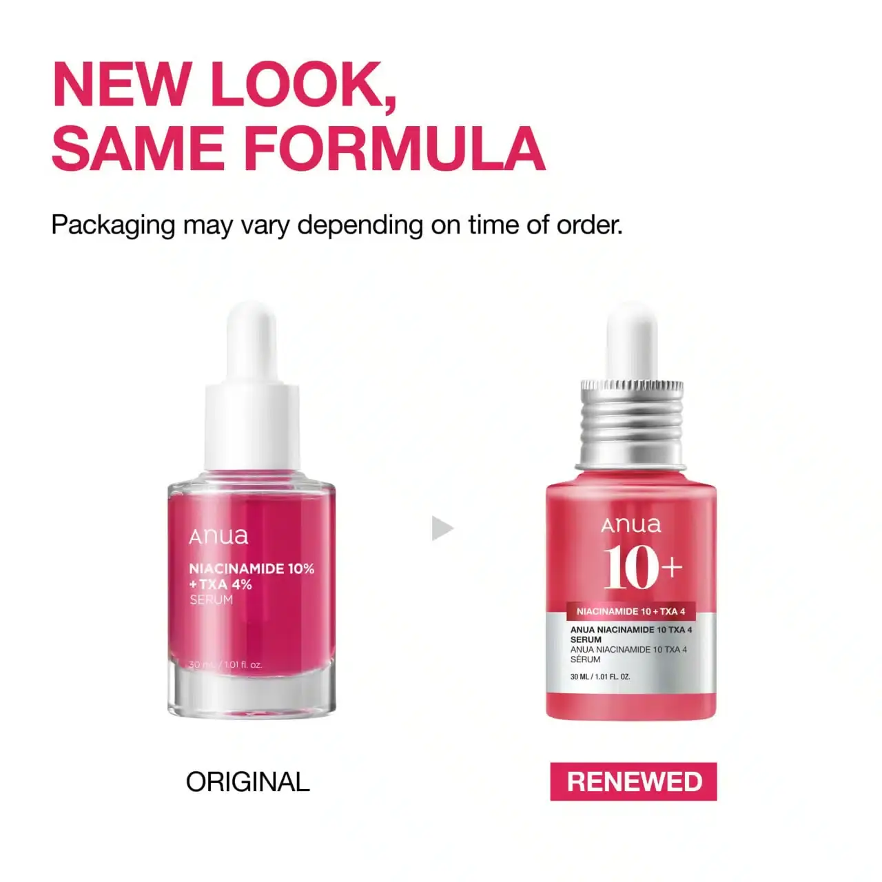 Tilted Anua Niacinamide 10% TXA 4% serum bottle, clear liquid visible, with open dark green dropper. - thumbnail