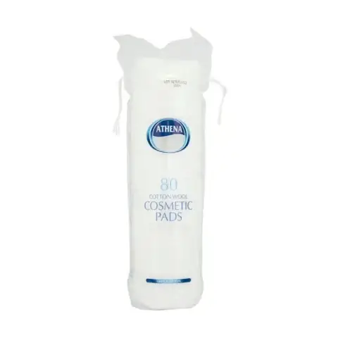 Athena Beaute 80pcs oval cotton pads clearly visible within their transparent cylindrical jar with a white lid.