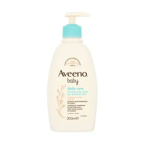 Aveeno Baby Daily Care Moisturising Lotion 300ml white pump bottle, front view on a clean background.