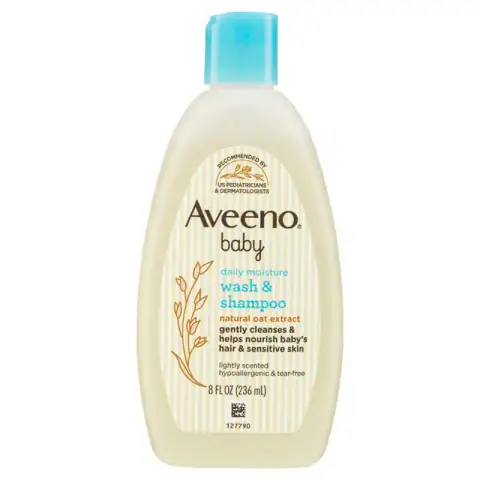 Aveeno Baby Daily Moisture Wash & Shampoo 236ml in its beige pump bottle, showing the front label.