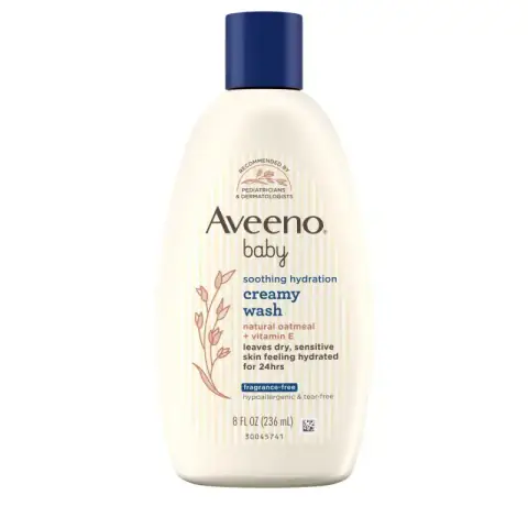 Front view of Aveeno Baby Soothing Hydration Creamy Body Wash 236ml white pump bottle.