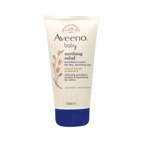 Aveeno Baby Soothing Relief Emollient Cream 150ml, white tube with blue cap, angled front view.