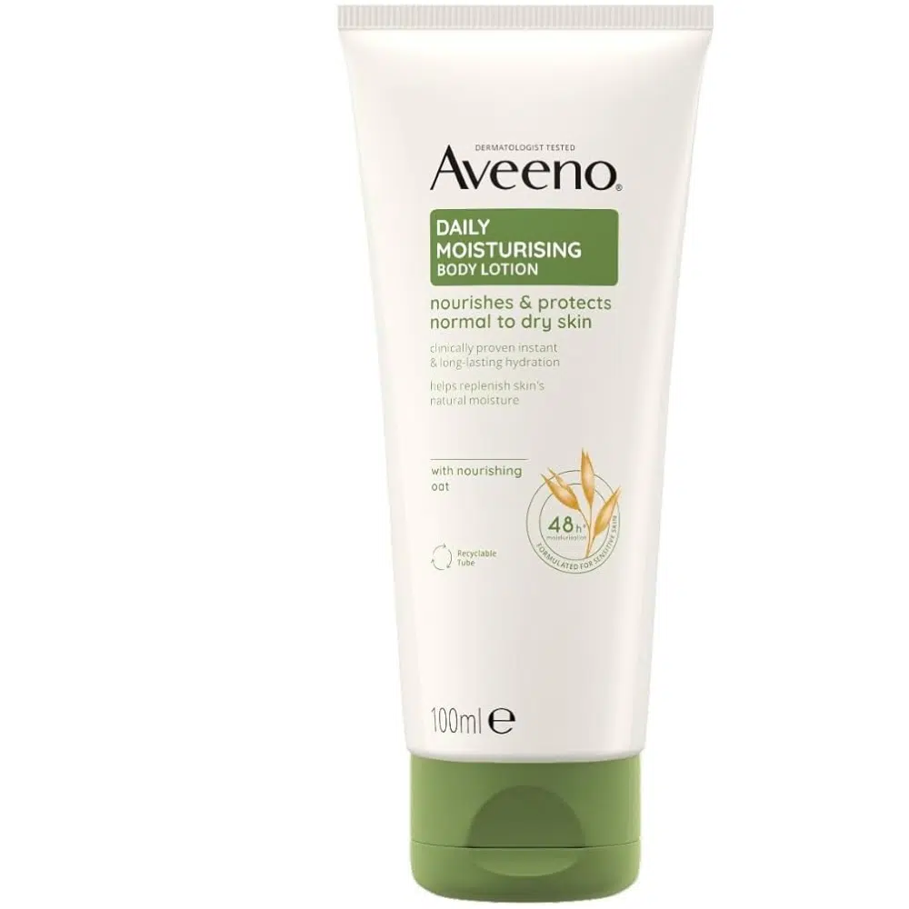 Upright front view of Aveeno Daily Moisturising Body Lotion, white 100ml bottle with blue cap.