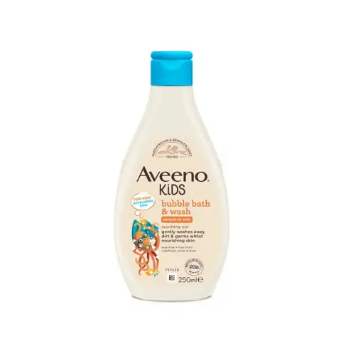 Aveeno Kids Bubble Bath & Wash 250ml, white bottle with purple flip-top cap, front angled view.