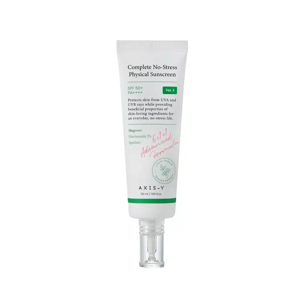 Axis-y Complete No-Stress Physical Sunscreen 50ml in a white tube with green cap standing upright. - thumbnail