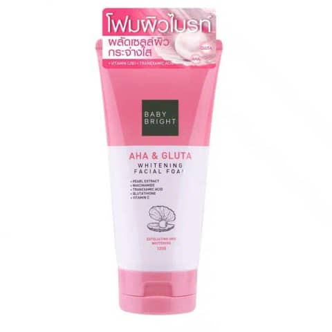 Baby Bright AHA & Gluta Whitening Facial Foam 120g white tube with shiny silver cap.