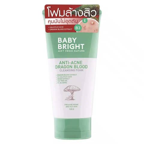Baby Bright Anti-Acne Dragon Blood Cleansing Foam 120g white tube standing upright, showing front label clearly.