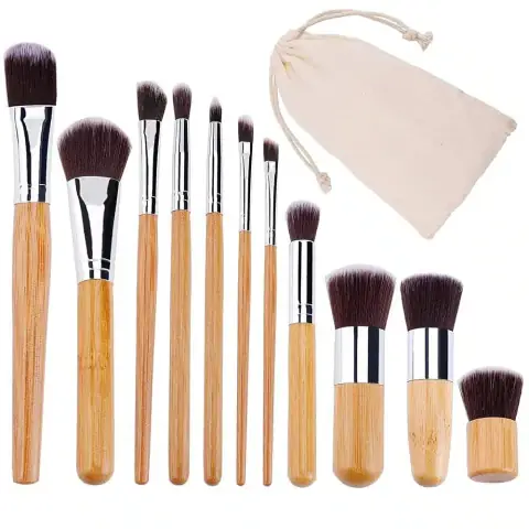 Maange 11-piece bamboo makeup brush set, featuring natural wood handles and various soft brown bristles.