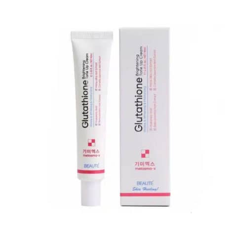 Beaute Melasma-x Glutathione Brightening Tone-up Cream, 45ml white tube with silver cap, upright view.