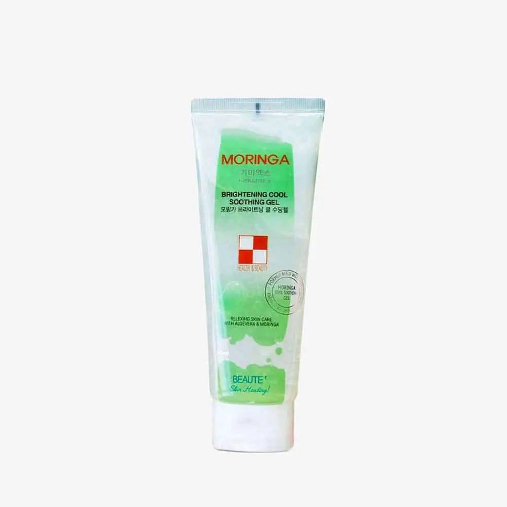 Close-up of Beaute Melasma-X Moringa Brightening Cool Soothing Gel, showing rear label details. - thumbnail