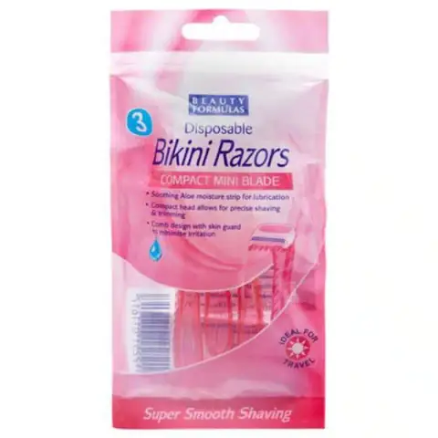 Beauty Formulas Bikini Razors Compact Mini Blade in clear blister packaging, showing two blue-handled razors.