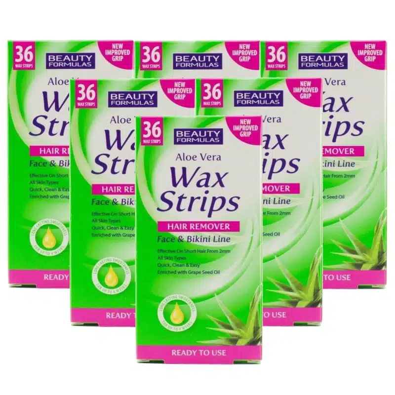 Opened Beauty Formulas wax strips box, showing individual white strips with pink pattern and soothing wipes. - thumbnail