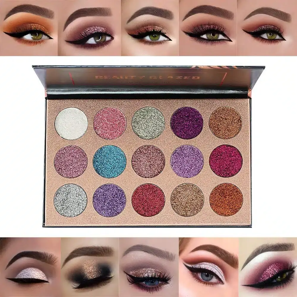 Beauty Glazed 15 Ultra Pressed Glitter Eyeshadow Palette open, revealing vibrant shimmering shades and mirror. - thumbnail