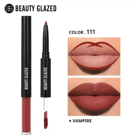 Beauty Glazed 2-in-1 matte lipliner and waterproof lipstick, deep vampire red shade, full product extended.