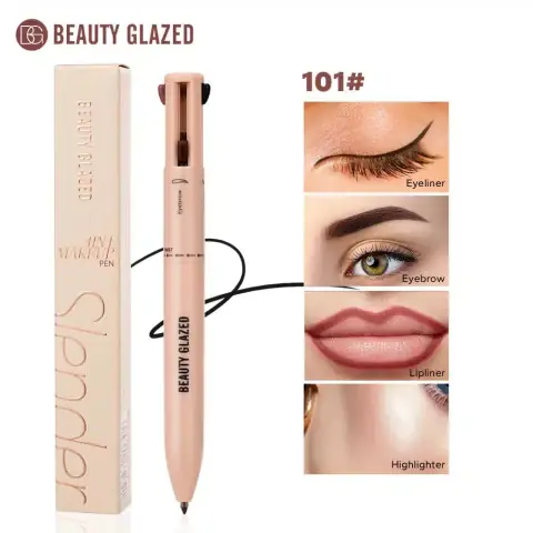 Beauty Glazed 4-in-1 multifunctional black makeup pencil standing, revealing four colored cosmetic tips.
