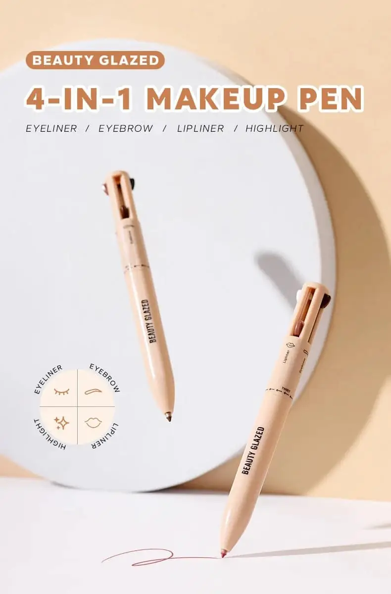 Close-up of Beauty Glazed 4-in-1 pencil held, showing extended black, brown, red, and shimmer tips. - thumbnail