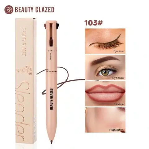 Beauty Glazed 4-in-1 multifunctional pencil makeup, white body with pink branding, standing upright.