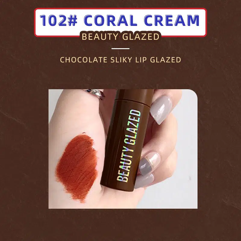 Beauty Glazed Chocolate Lipstick 102# Coral Cream tube standing upright with dark brown cap.