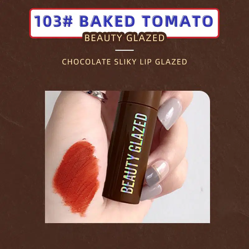 Beauty Glazed Chocolate Lipstick 103# Baked Tomato with reddish-brown bullet visible from brown and gold tube.