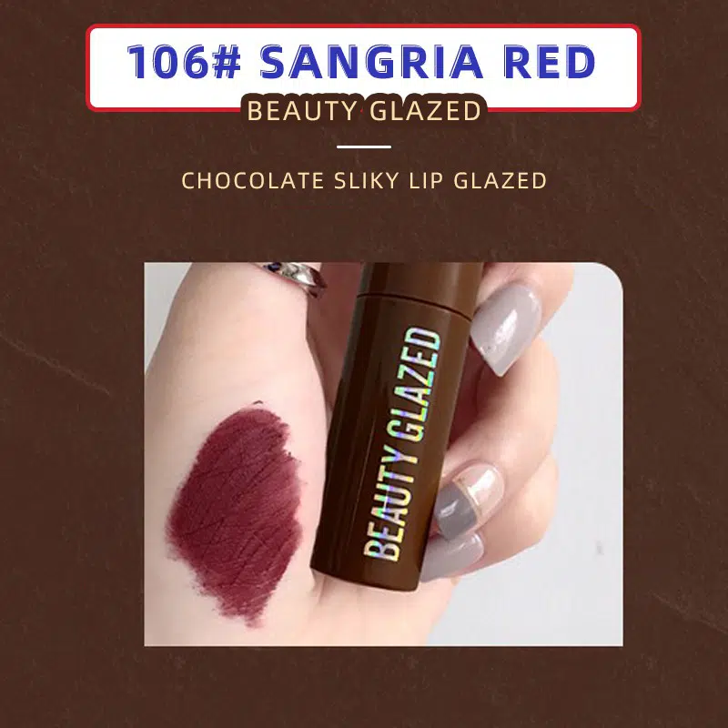 Beauty Glazed Chocolate Lipstick 106# Sangria Red in its elegant black tube packaging.