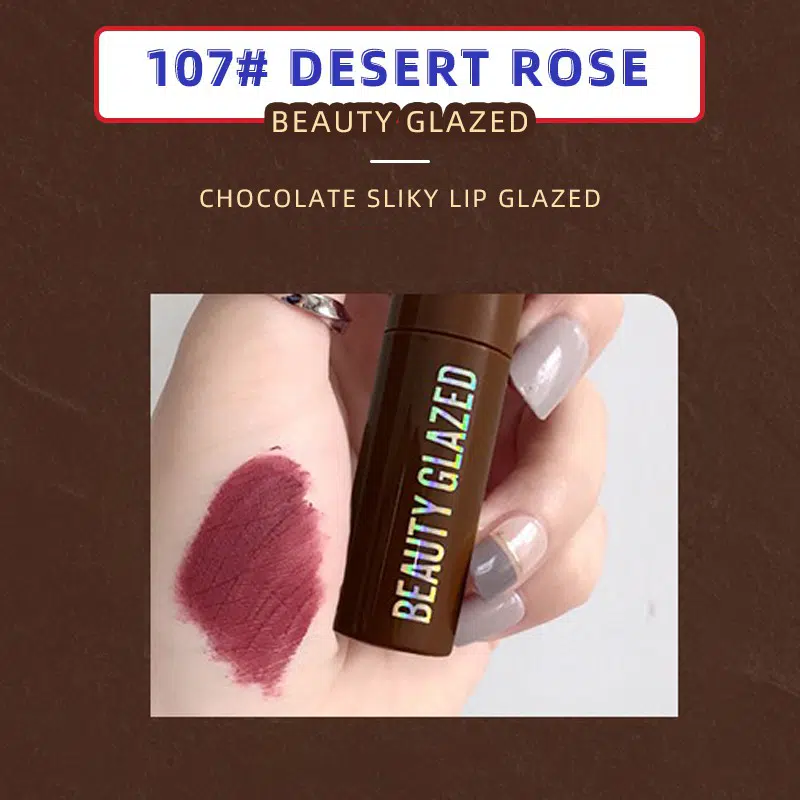 Beauty Glazed Chocolate Lipstick 107# Desert Rose in its elegant closed brown tube packaging.